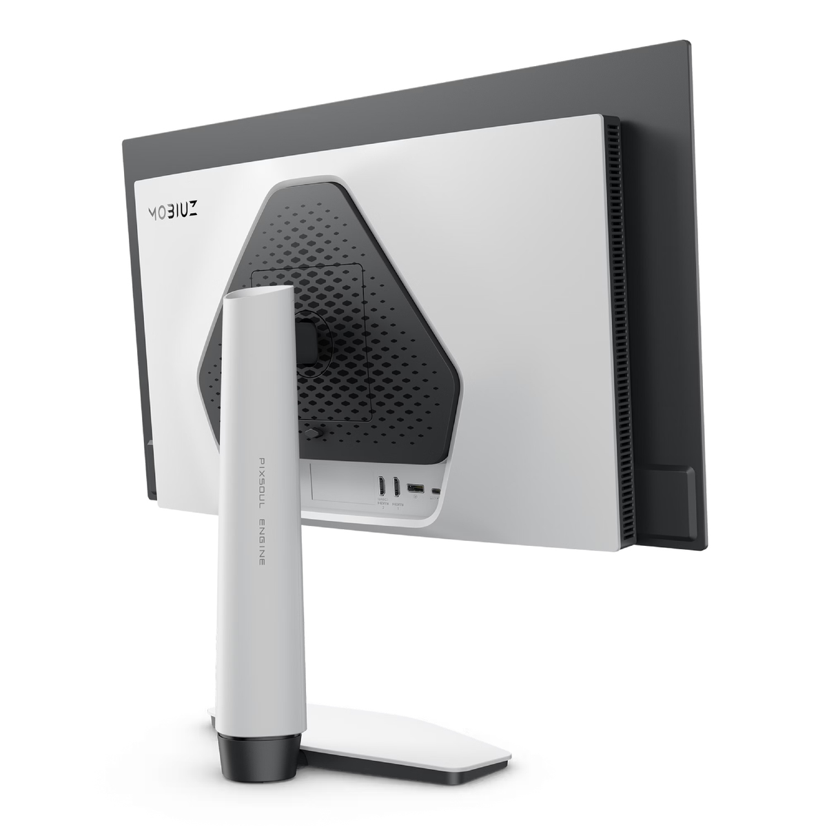 Vista trasera de un monitor blanco con marco, soporte y rejilla hexagonal negros.