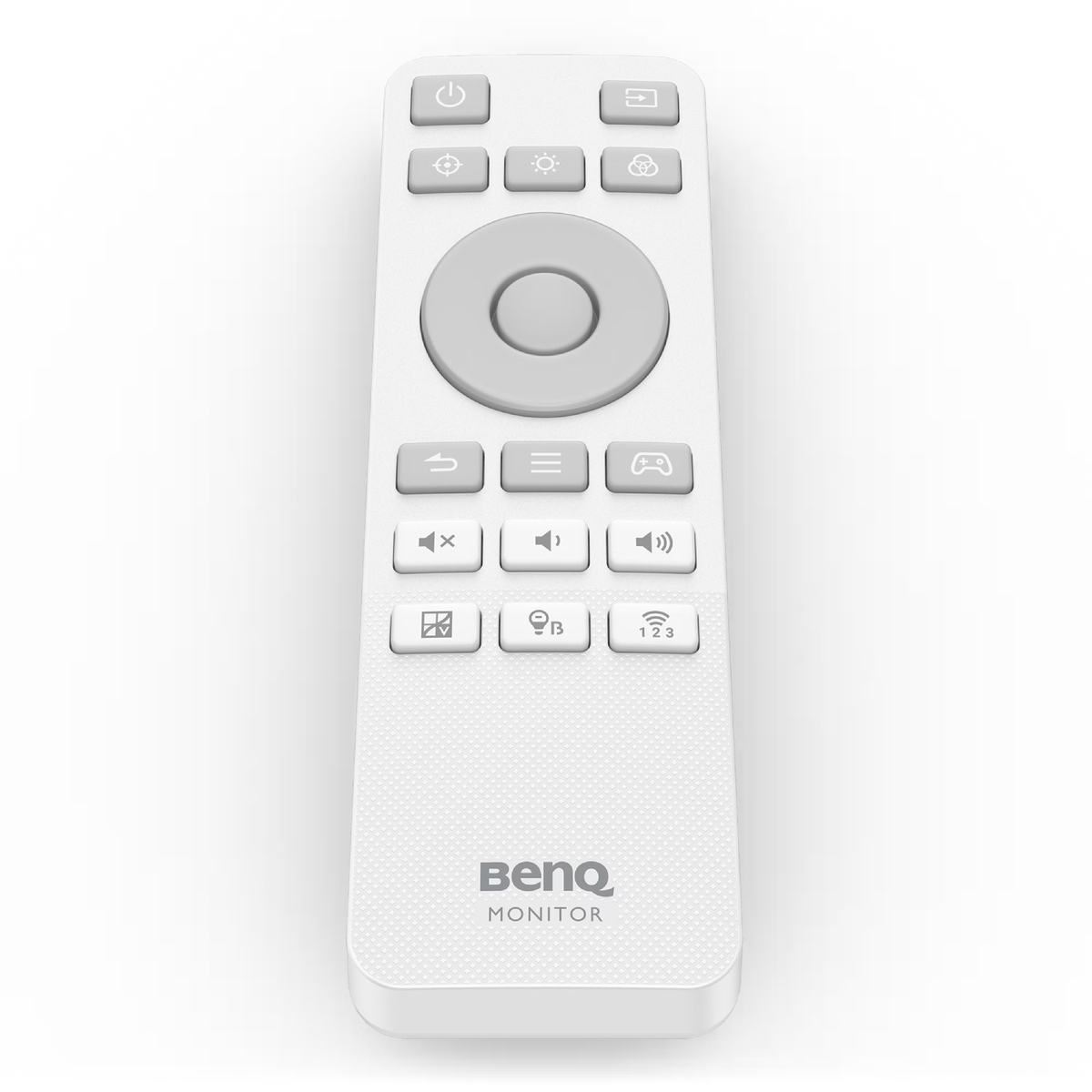 Un control remoto blanco con botones grises.