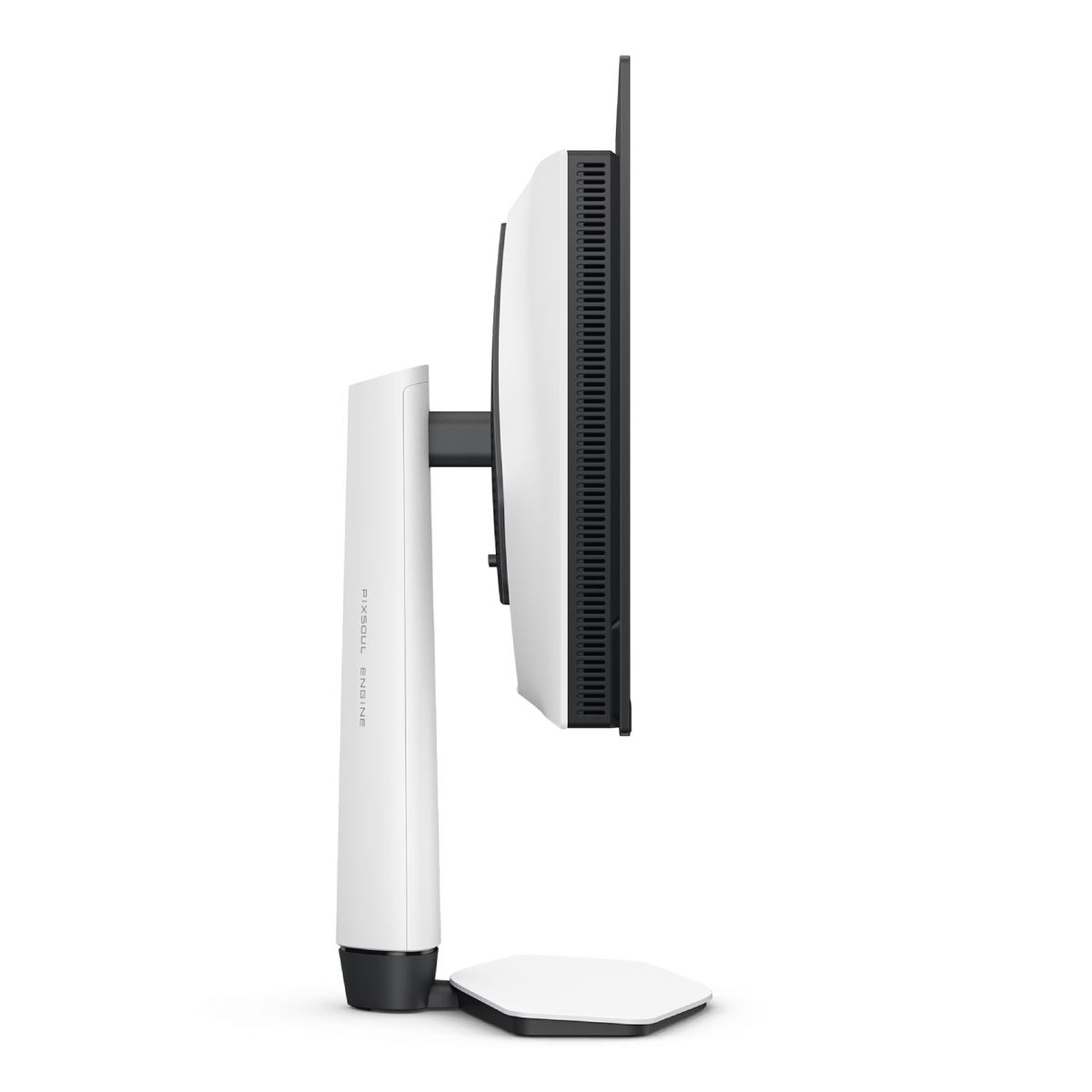 Un monitor blanco con bisel negro sobre un soporte blanco.