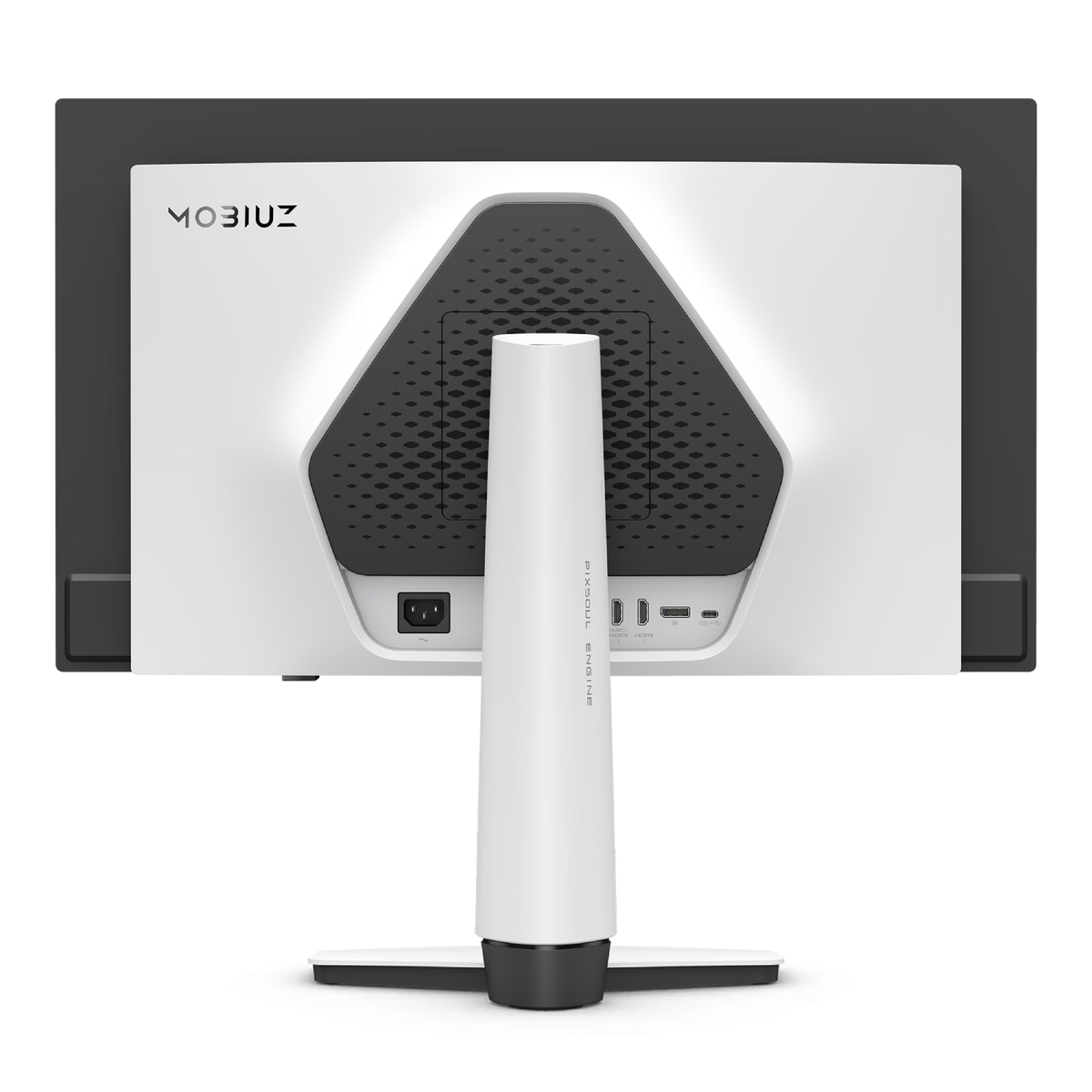 Vista trasera de un monitor blanco con puertos y rejilla de ventilación.