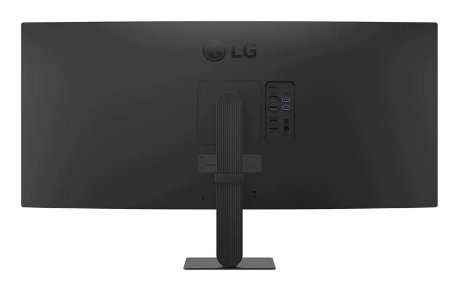 Vista trasera de un monitor LG negro con puertos y soporte.