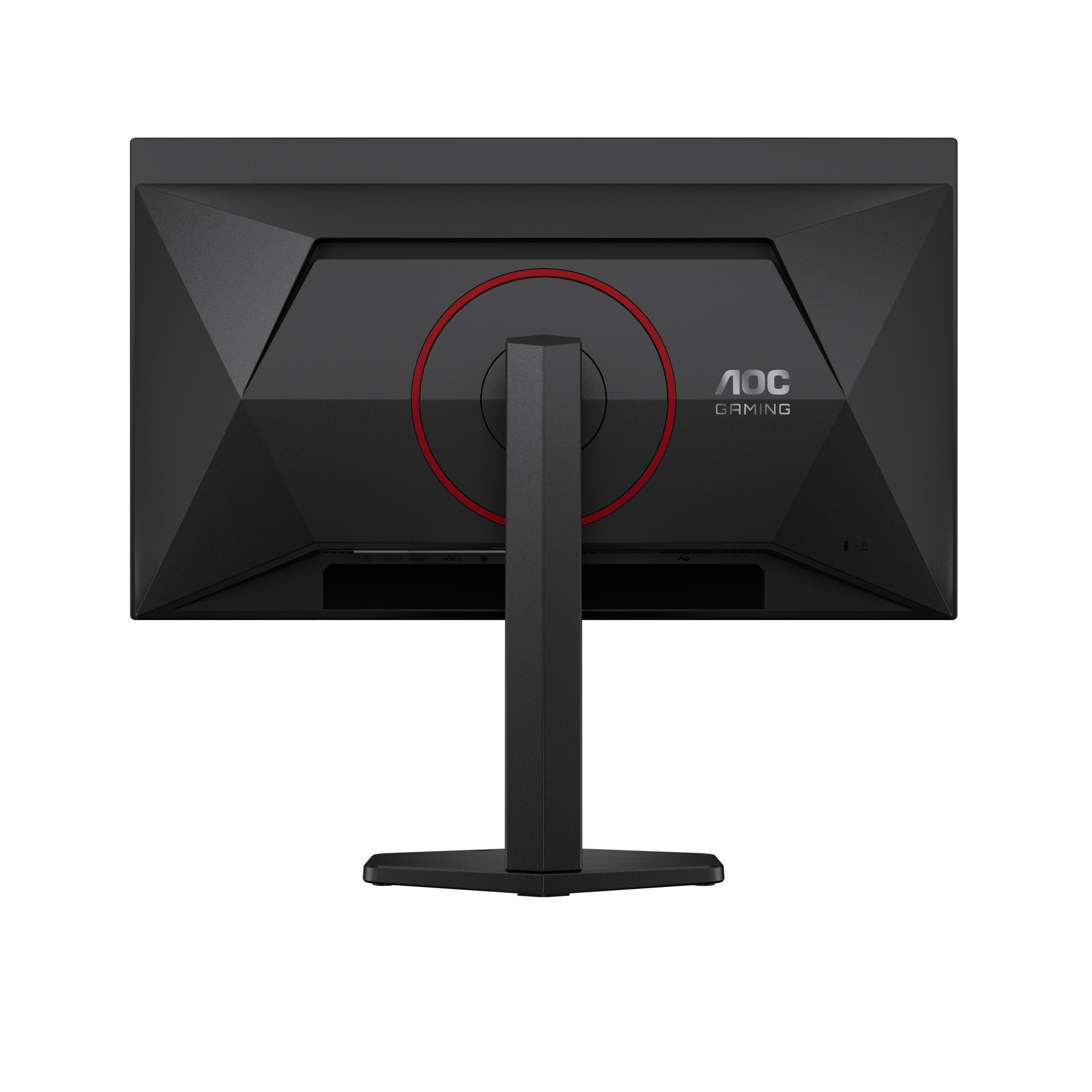 Vista trasera de un monitor AOC Gaming negro con anillo rojo y soporte.