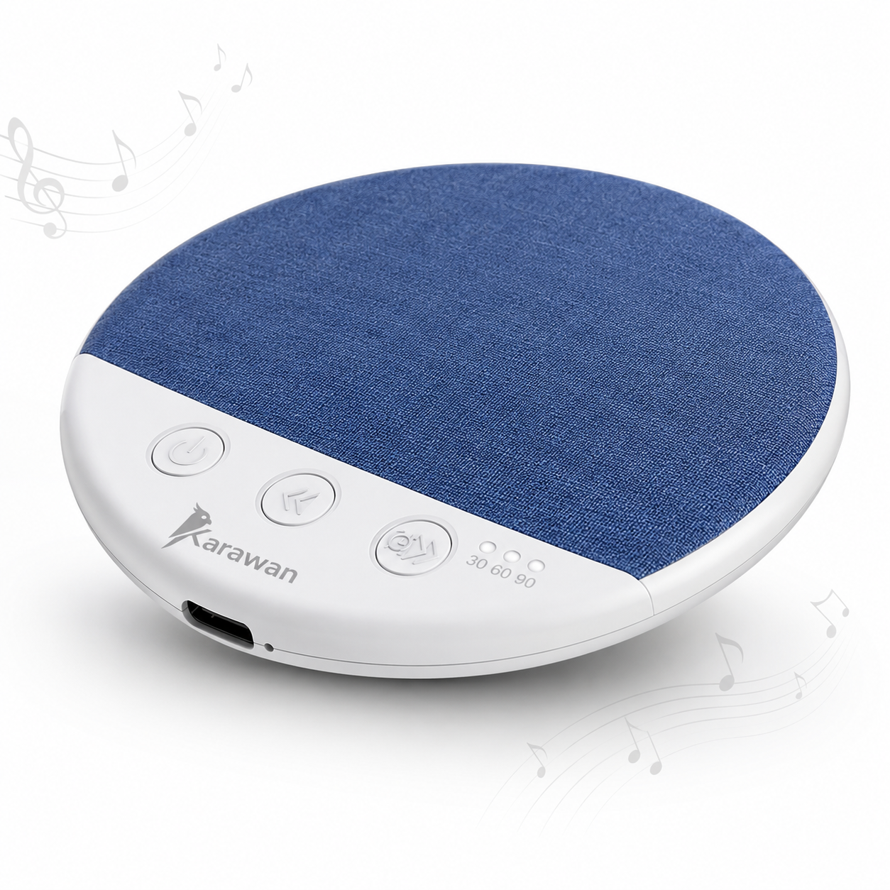 Una máquina de sonido ovalada blanca y azul con botones de control y el logotipo de Karawan sobre un fondo blanco.