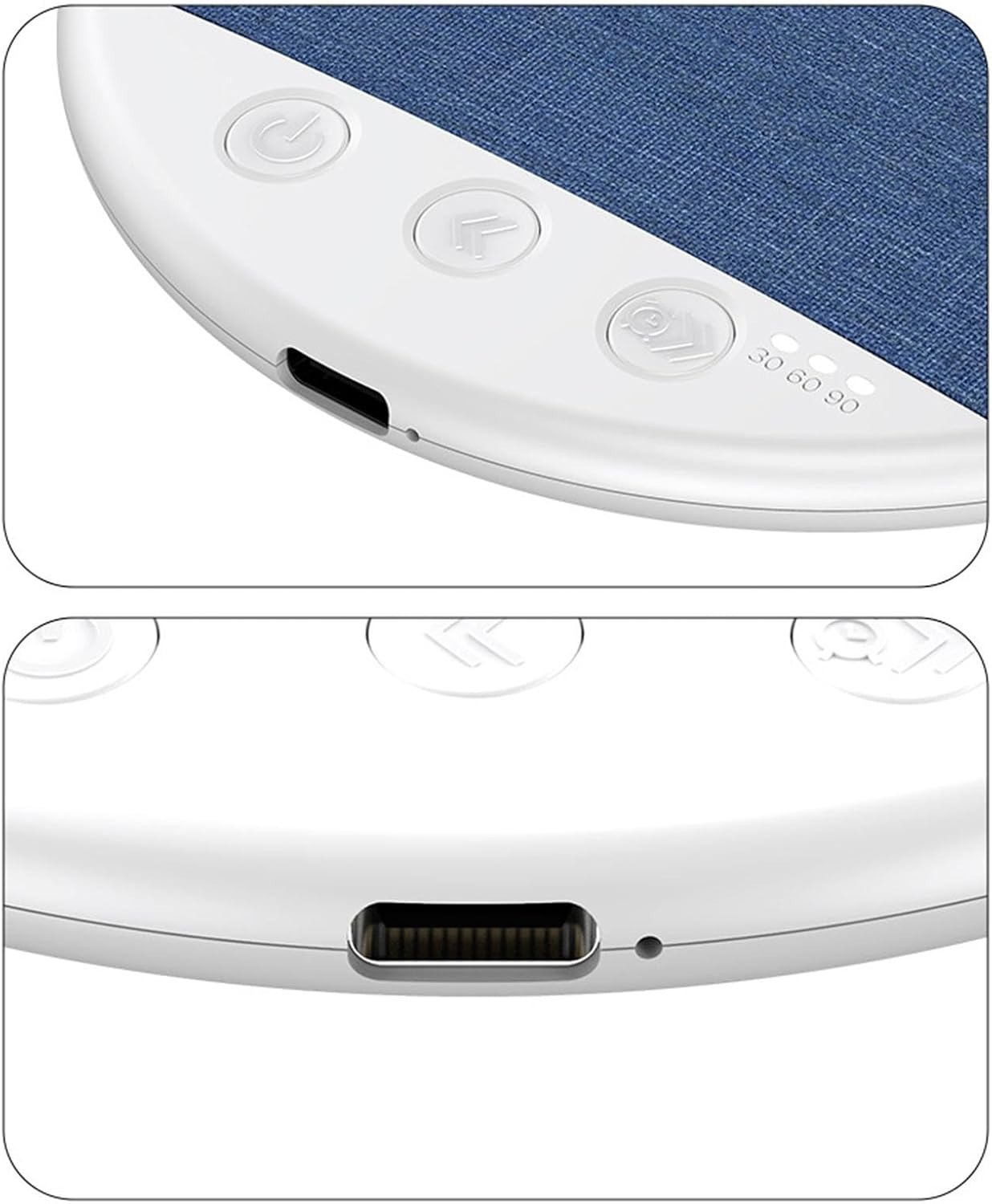 Dispositivo blanco con superficie de tela azul, botones y puerto de carga.