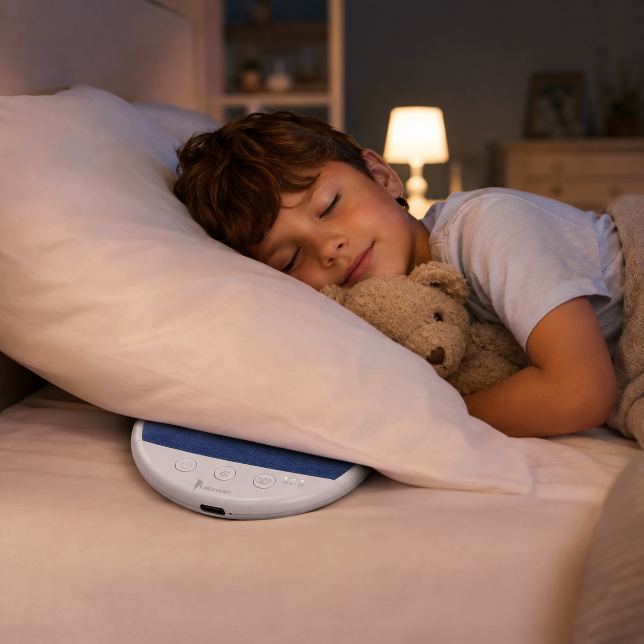 Un niño duerme plácidamente con un osito de peluche en la cama, un dispositivo bajo su almohada.