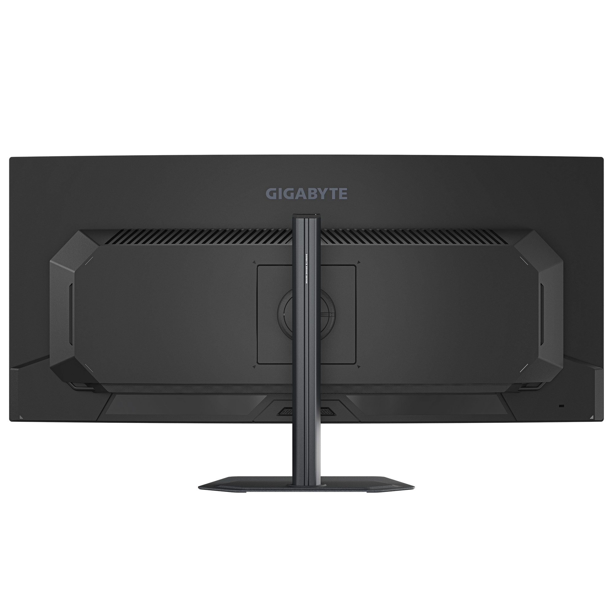 Parte posterior de un monitor negro con logo GIGABYTE y soporte integrado.