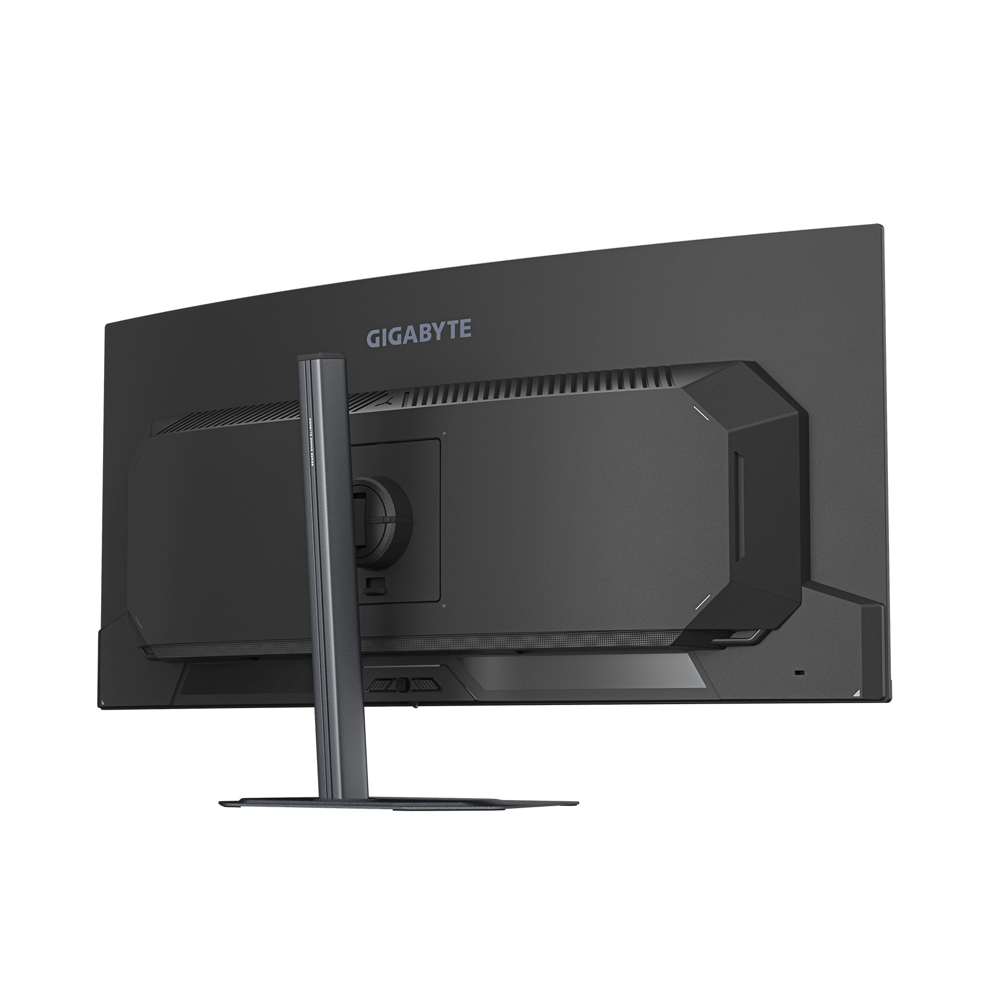 Soporte de monitor Gigabyte negro, vista trasera. Fondo blanco.
