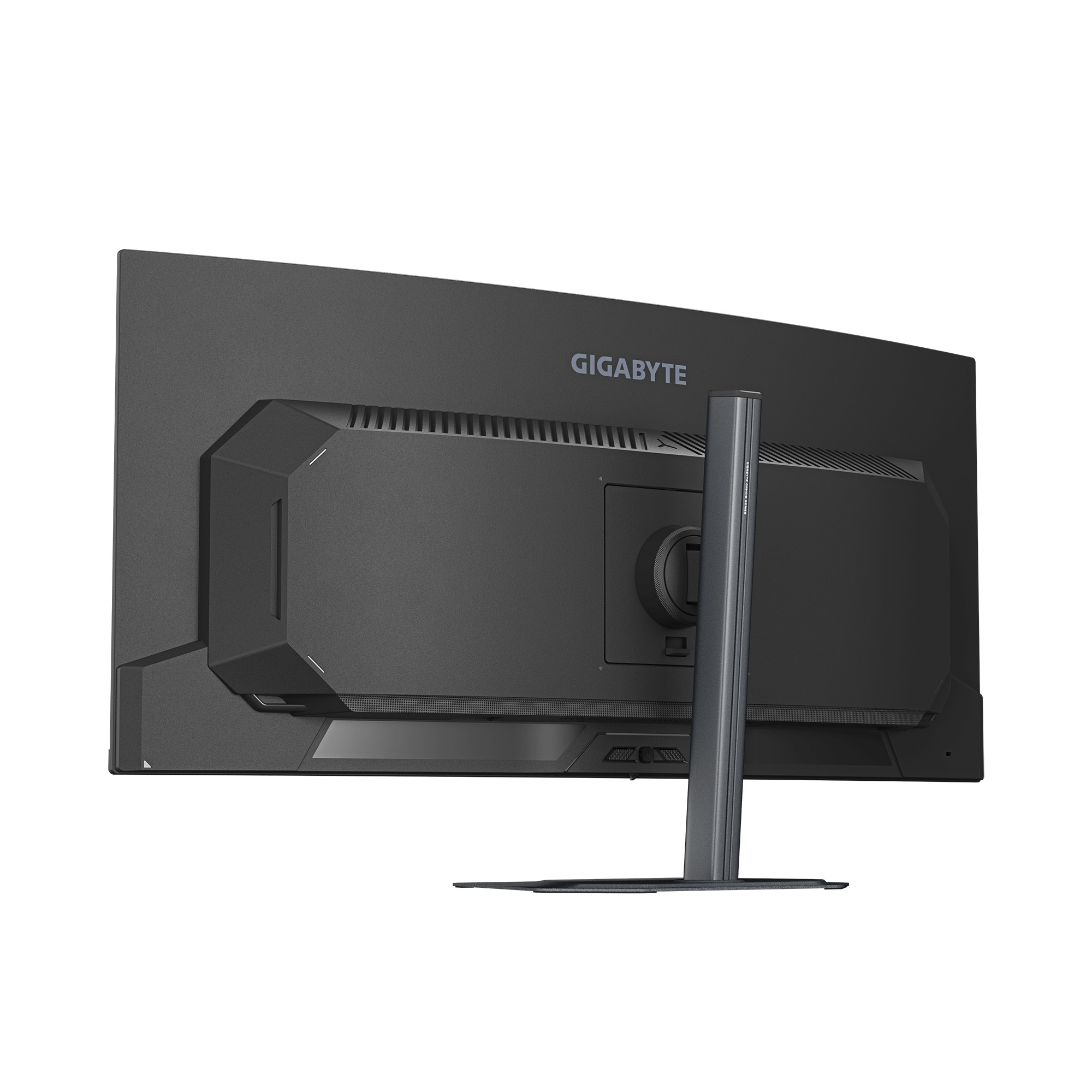 Vista trasera de un monitor Gigabyte negro con soporte.