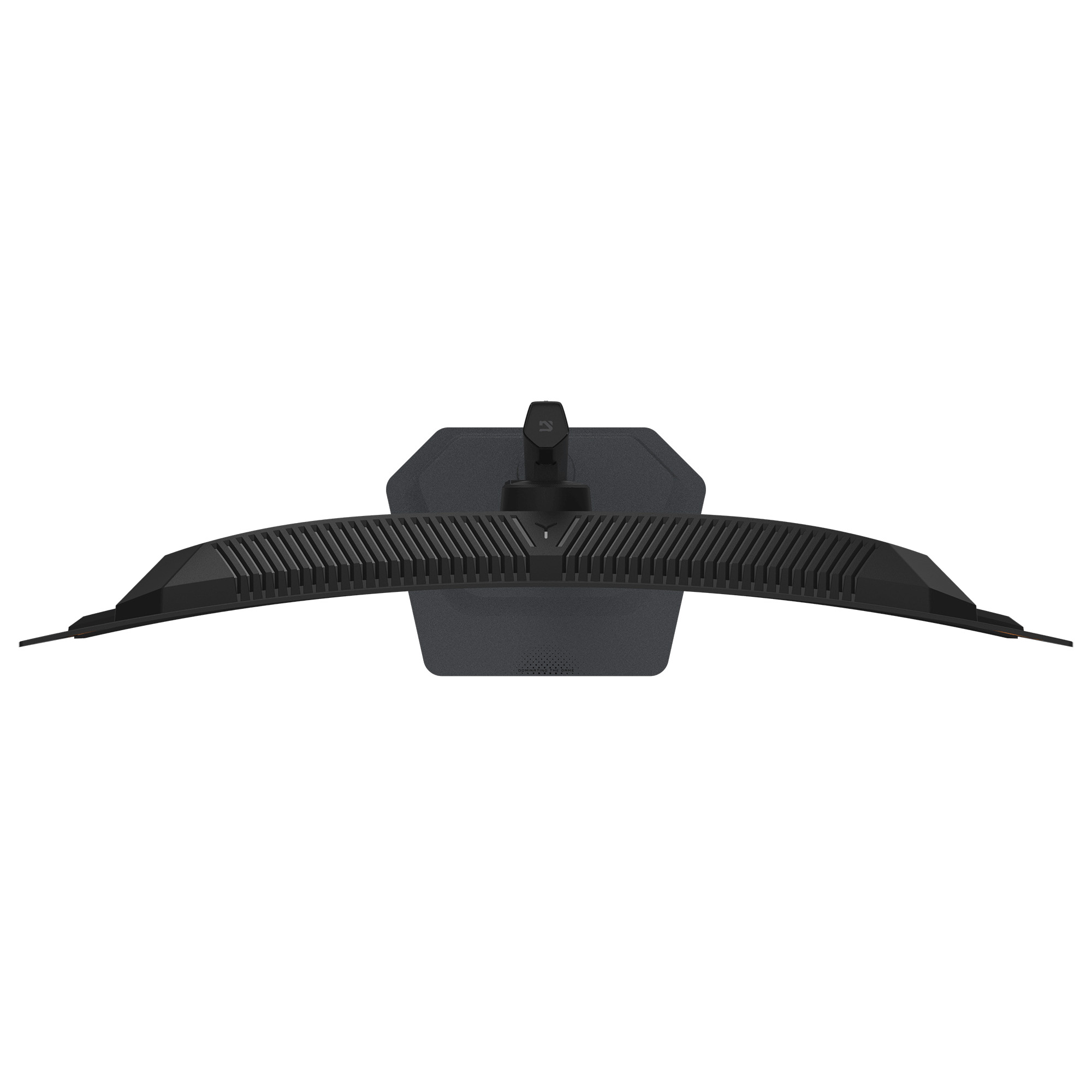 Vista superior de un monitor curvo negro con rejillas de ventilación y un soporte.