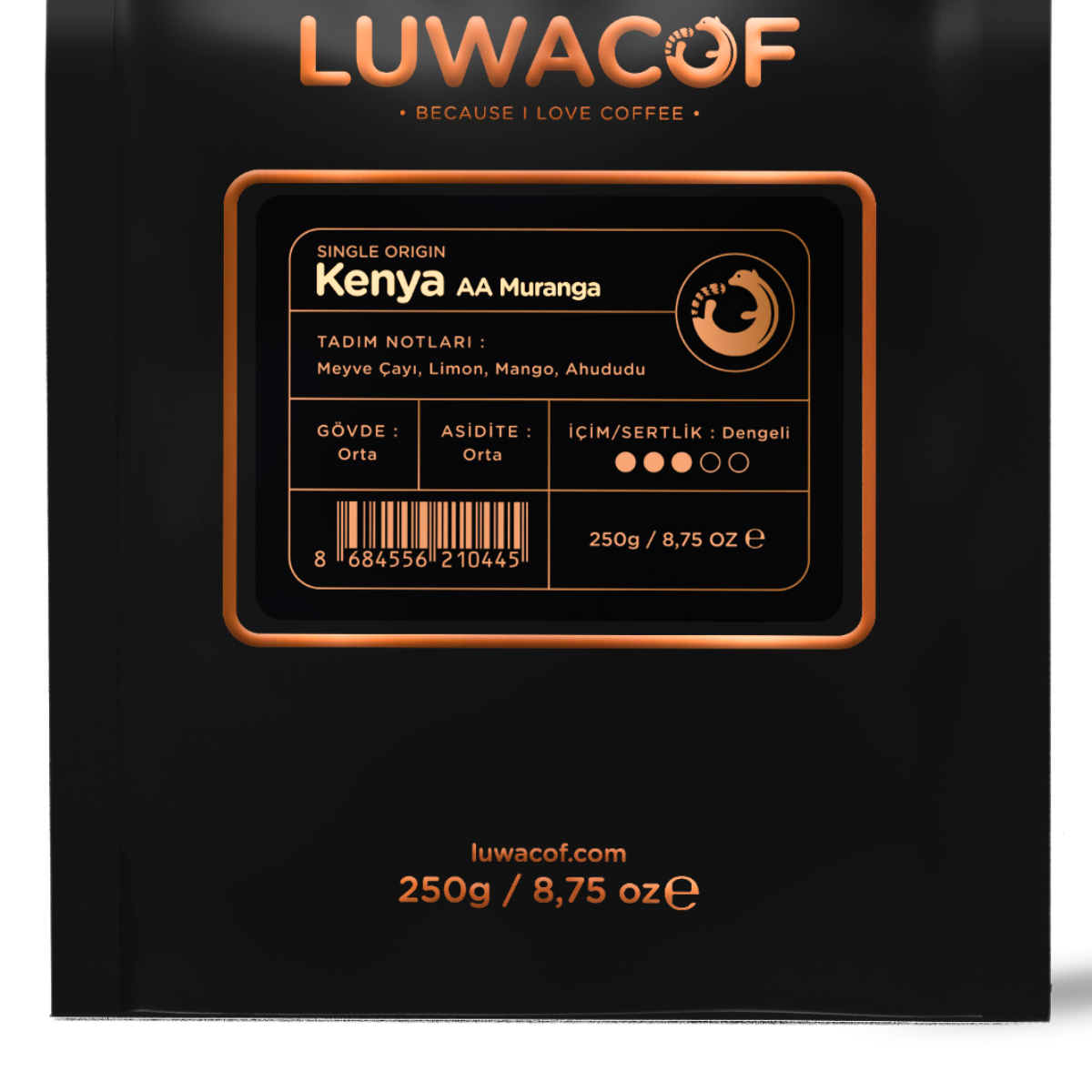 Kupa torbası "Luwacof Kenya AA Muranga" baskılı, meyve, limon, mango, ahududu notaları.