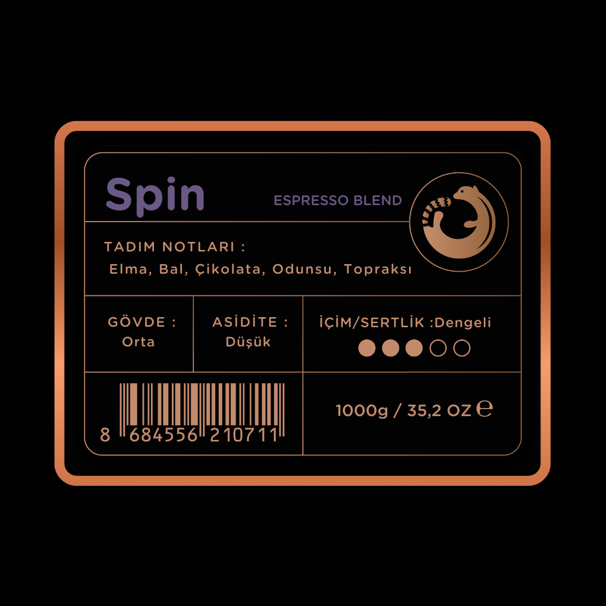 Spin Espresso Blend kahve etiketi tadım notları: Elma, Bal, Çikolata, Odunsu, Topraksı.