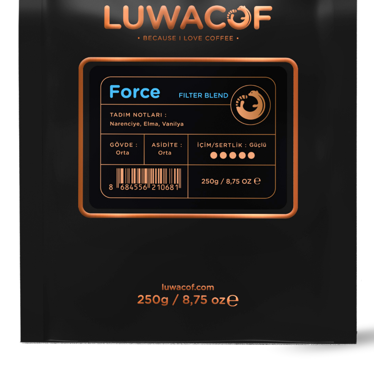 "LUWACOF Force Filter Blend" yazılı siyah kahve paketi ve lezzet profili.