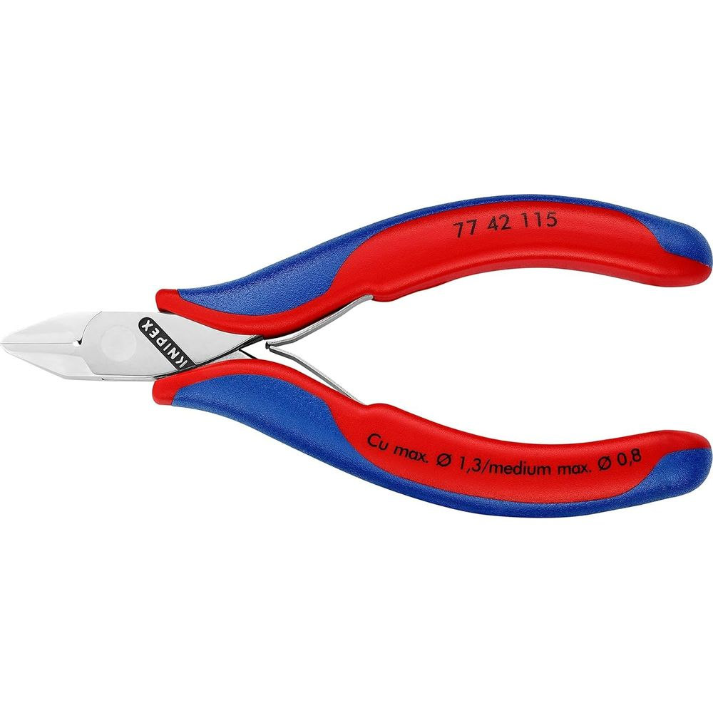 Una pinza rossa e blu con inciso "KNIPEX" e "77 42 115".