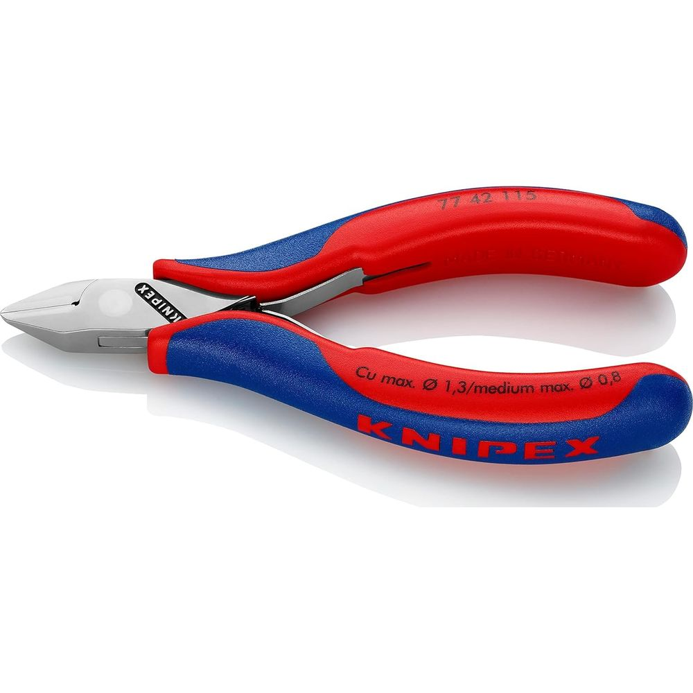 Pinza rossa e blu con bordi taglienti in metallo e marcature.
