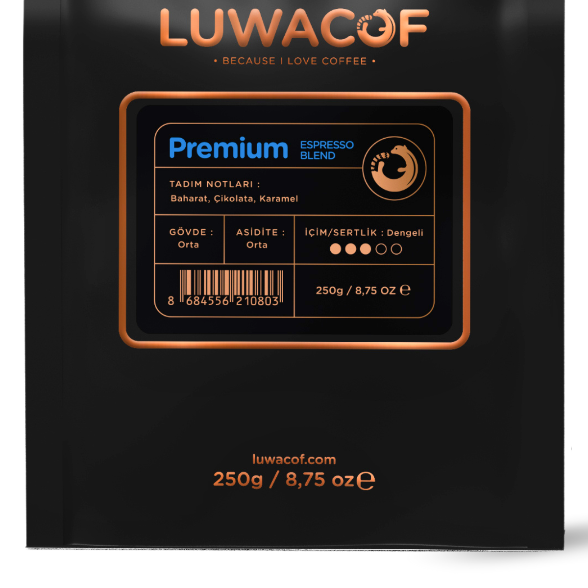 LUWACOF Premium Espresso Blend kahve ambalajı. Tat notaları: Baharat, Çikolata, Karamel.