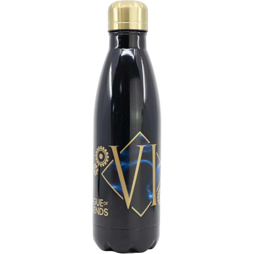 Botella de agua negra con tapa dorada y logo de League of Legends.