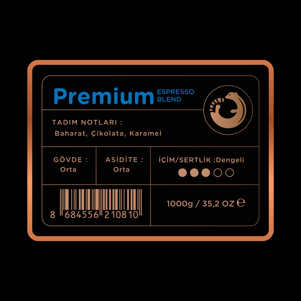 Premium Espresso Blend kahve etiketi baharat, çikolata, karamel tat notları.