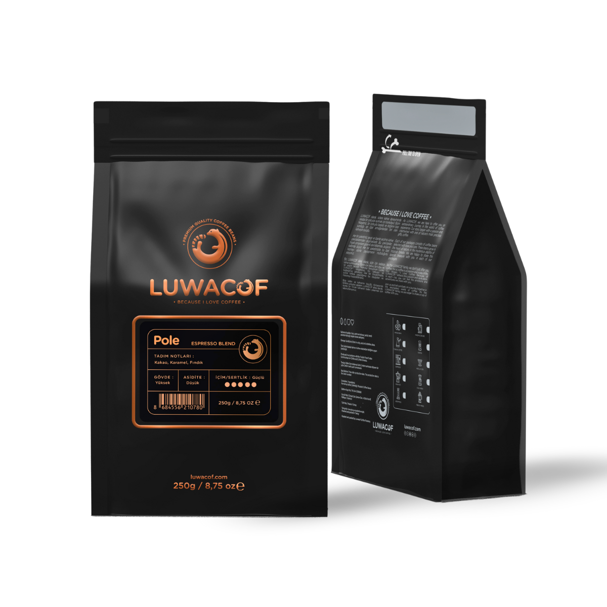 LUWACOF, Pole Espresso Blend, 250g yazan siyah bir kahve torbası.