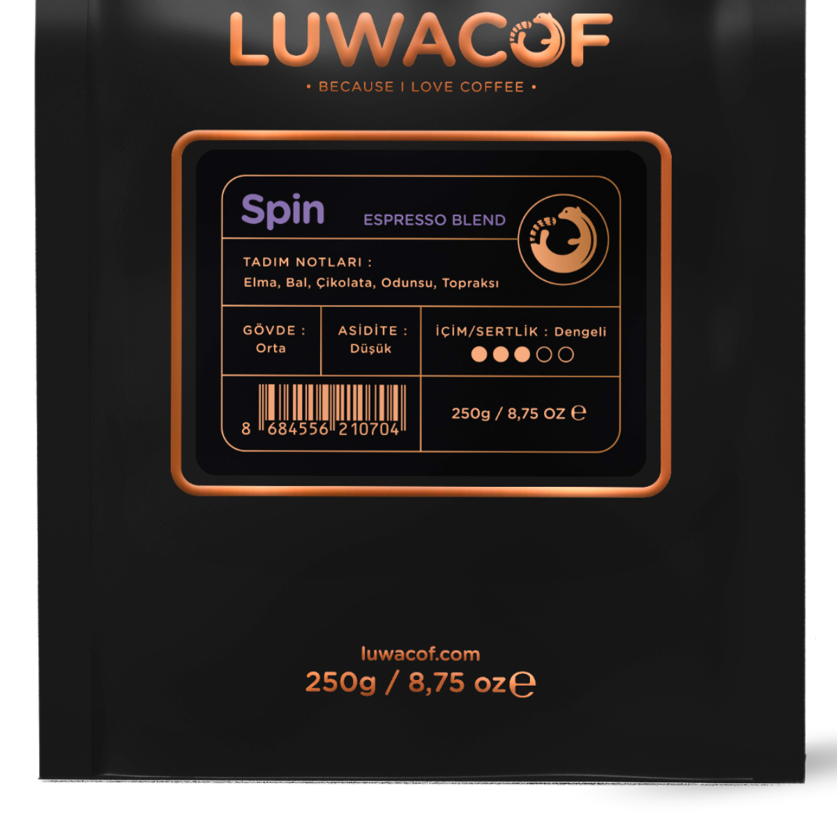 LUWACOF 'Spin' Espresso Blend ambalajı, tat notları ve detayları ile.