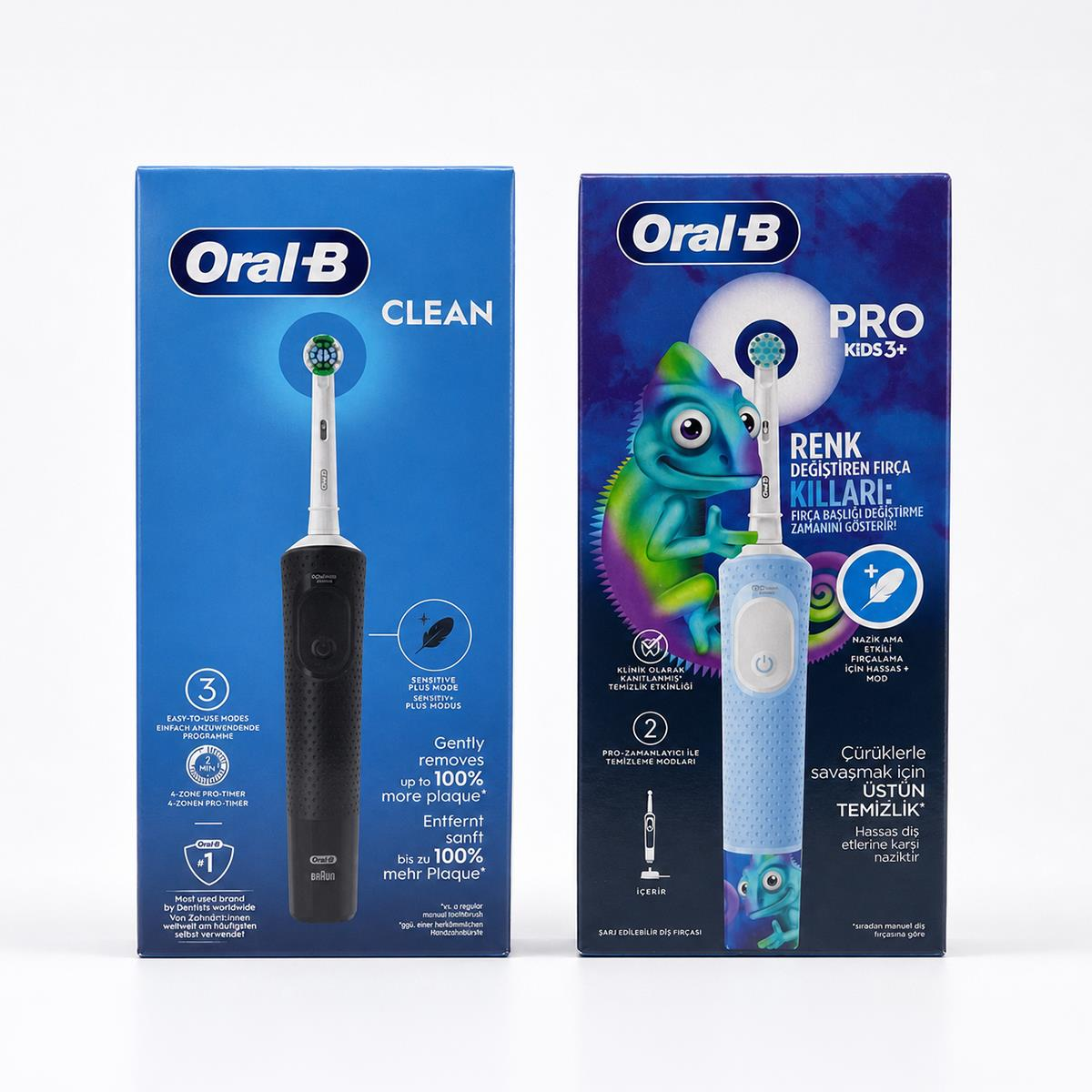 İki Oral-B elektrikli diş fırçası kutusu. Biri mavi, diğeri açık mavi.