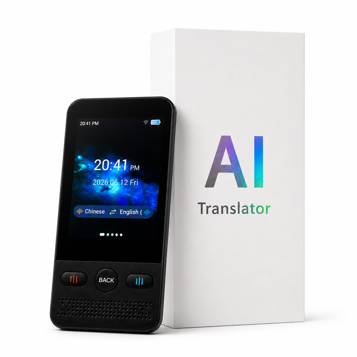 Un traductor negro de IA está junto a una caja blanca con la etiqueta "AI Translator".