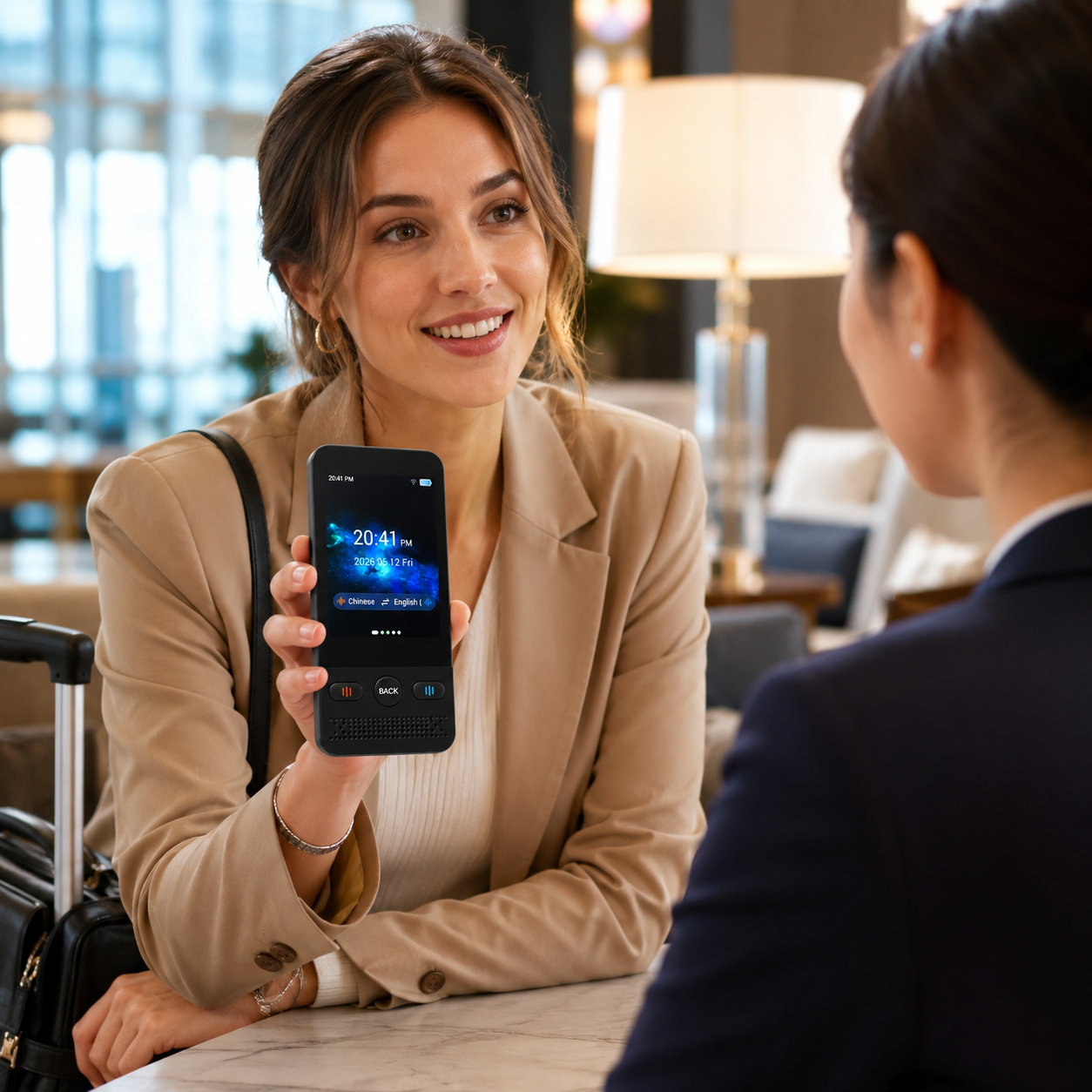 Mujer sosteniendo un teléfono en una sala de espera, con otras personas al fondo.