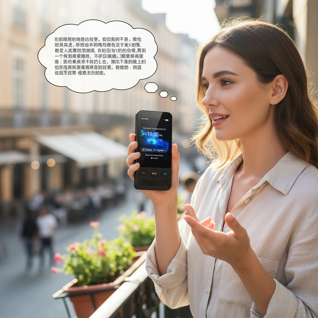 Una mujer sostiene un smartphone con una app de traducción al aire libre. Caracteres chinos visibles.