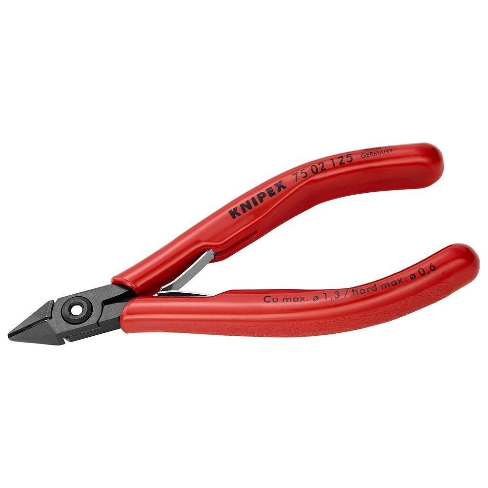 Un paio di tronchesi diagonali Knipex con manici rossi, testa nera e perno argentato, su sfondo bianco.