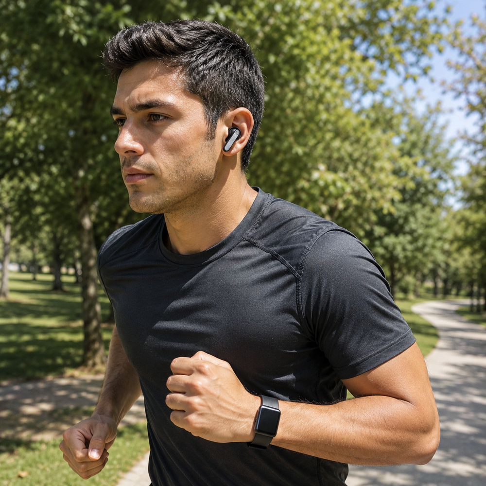 Un hombre con camiseta negra corre por un sendero al aire libre, con auriculares y reloj inteligente.