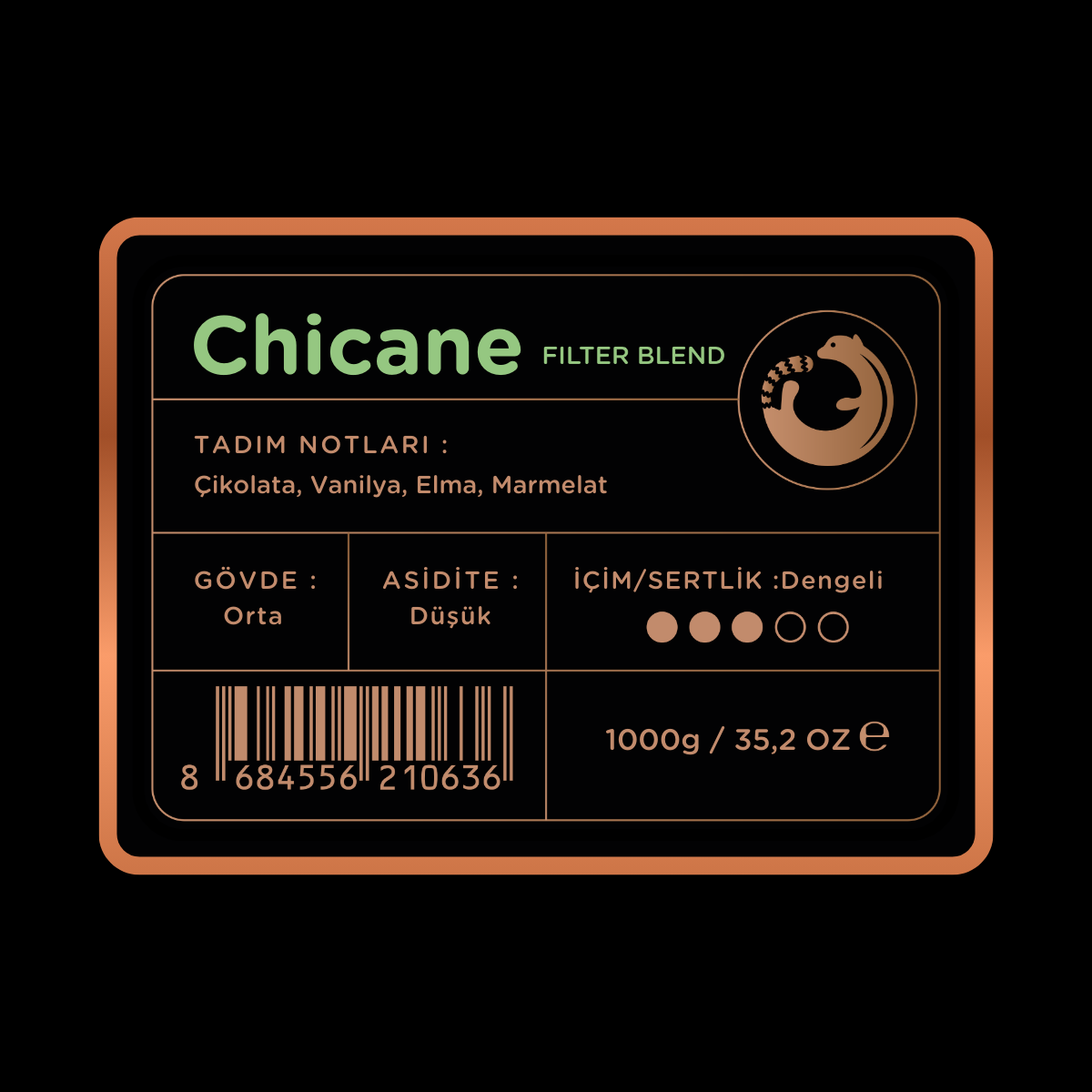 Kahve ambalajı 'Chicane Filter Blend' etiketiyle, tat notaları: Çikolata, Vanilya, Elma, Marmelat.