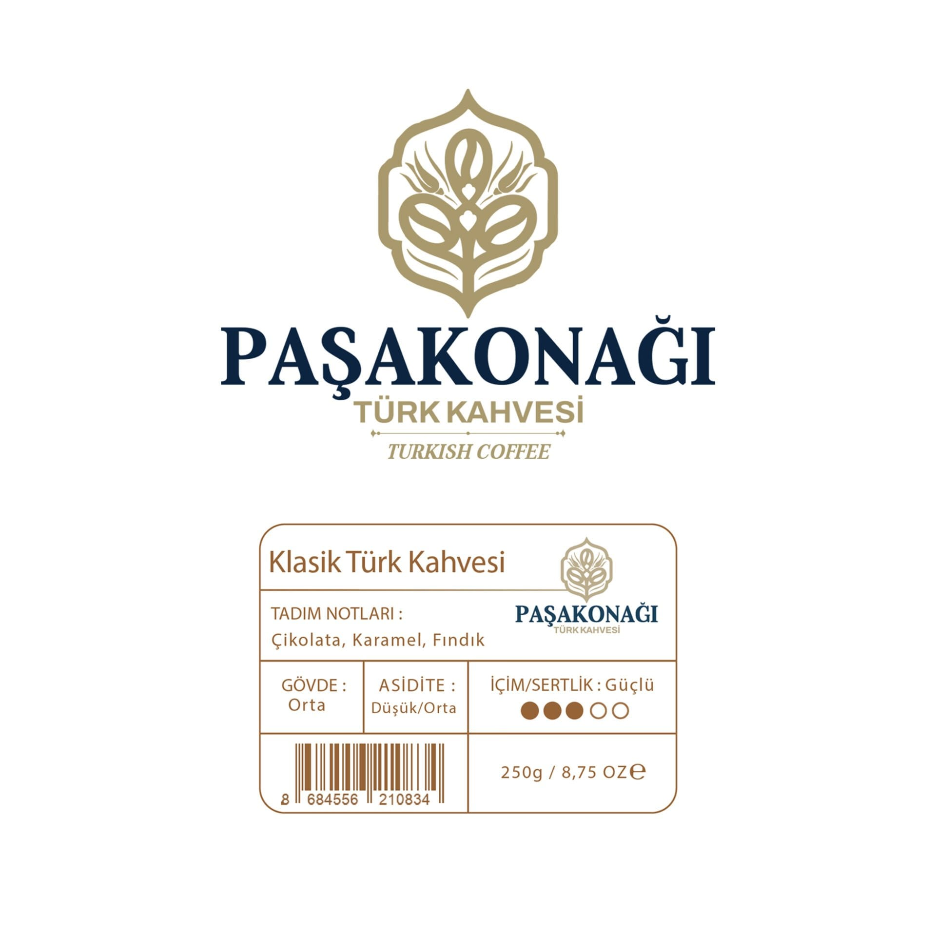 Türk kahvesi ambalajı, marka adı, tadım notları ve ağırlığı gösteriyor.