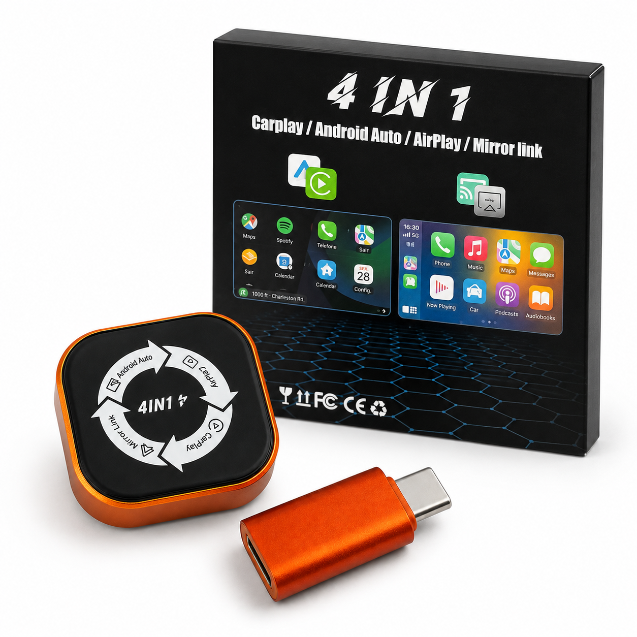 Adaptador Carplay naranja 4 en 1 con caja y cable USB-C, mostrando apps en pantalla.