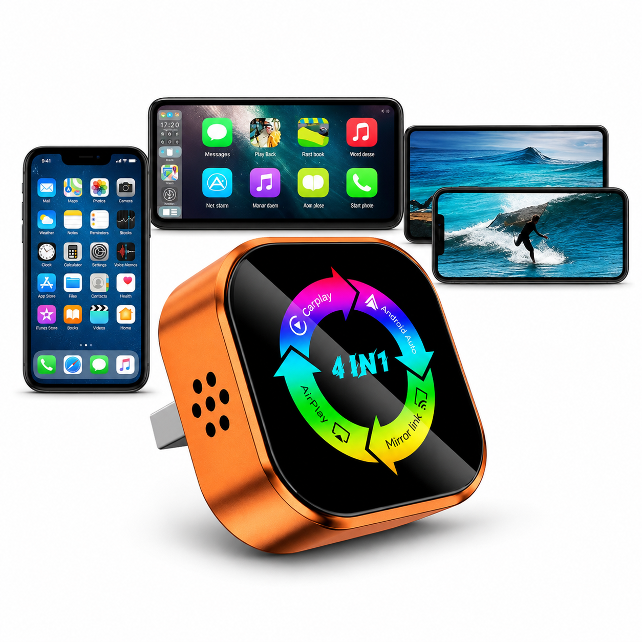 Dispositivo naranja 4 en 1 muestra CarPlay, Android Auto, AirPlay, Mirror link. Se muestran teléfonos.