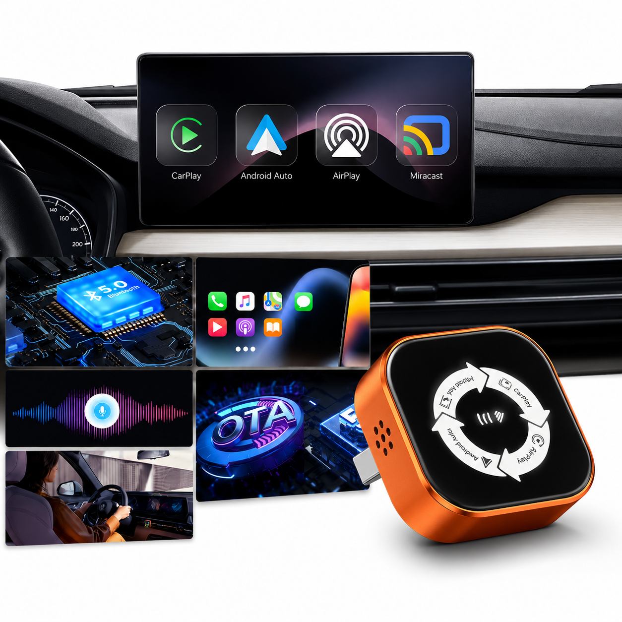 Sistema de infoentretenimiento para coche con iconos de CarPlay, Android Auto y AirPlay.