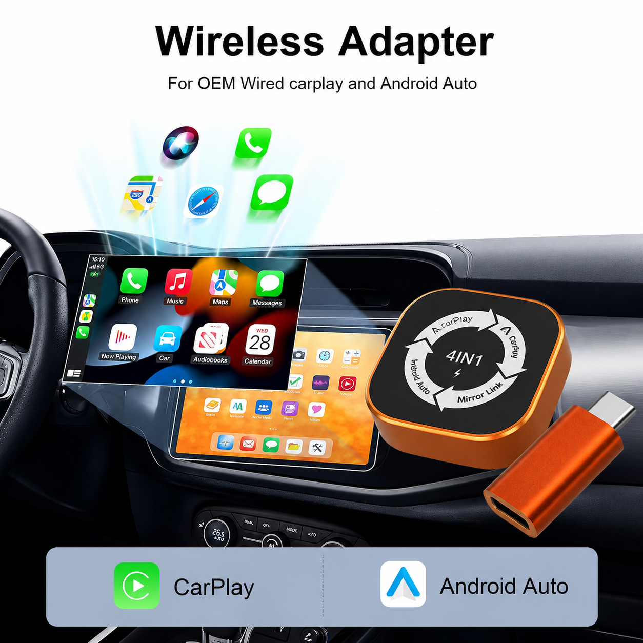 Un adaptador inalámbrico y un dongle USB-C junto a la pantalla de infoentretenimiento de un coche que muestra CarPlay, con iconos de aplicaciones flotando.