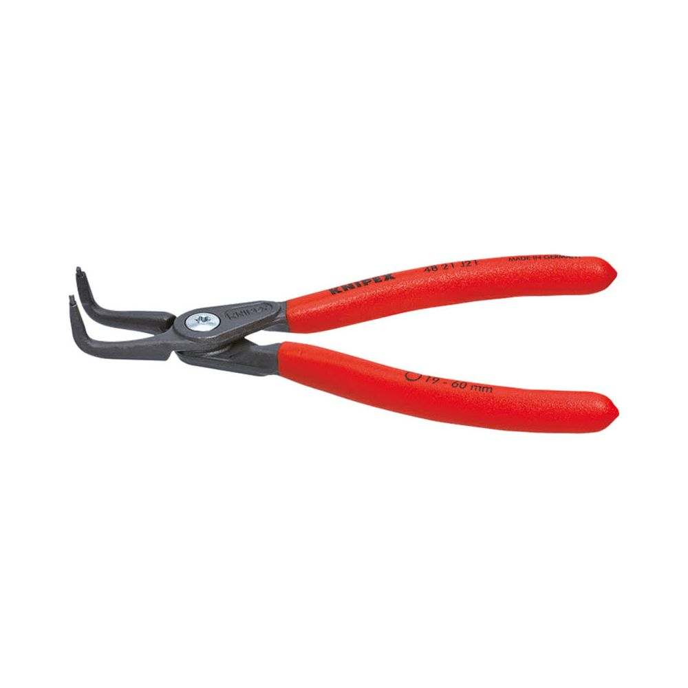 Un paio di pinze per anelli elastici Knipex con manici rossi e metallo nero, con punte curve, su sfondo bianco.