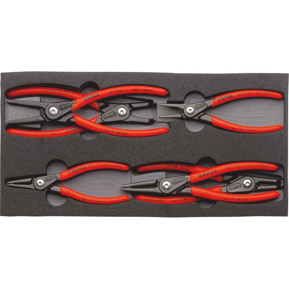 Quattro pinze Knipex rosse e nere sono disposte ordinatamente in un organizer di schiuma nera, due rivolte a sinistra, due a destra.