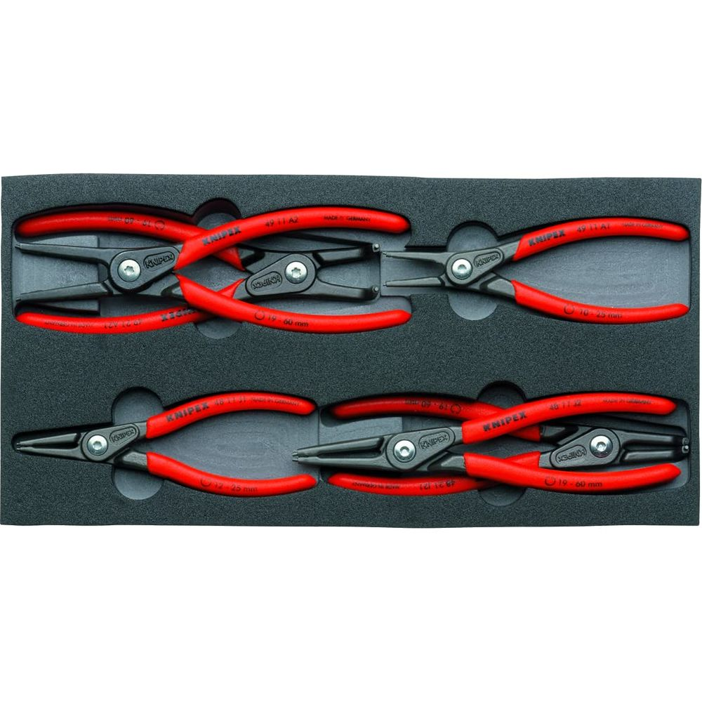Quattro pinze Knipex rosse per anelli elastici interni ed esterni giacciono nella schiuma nera.