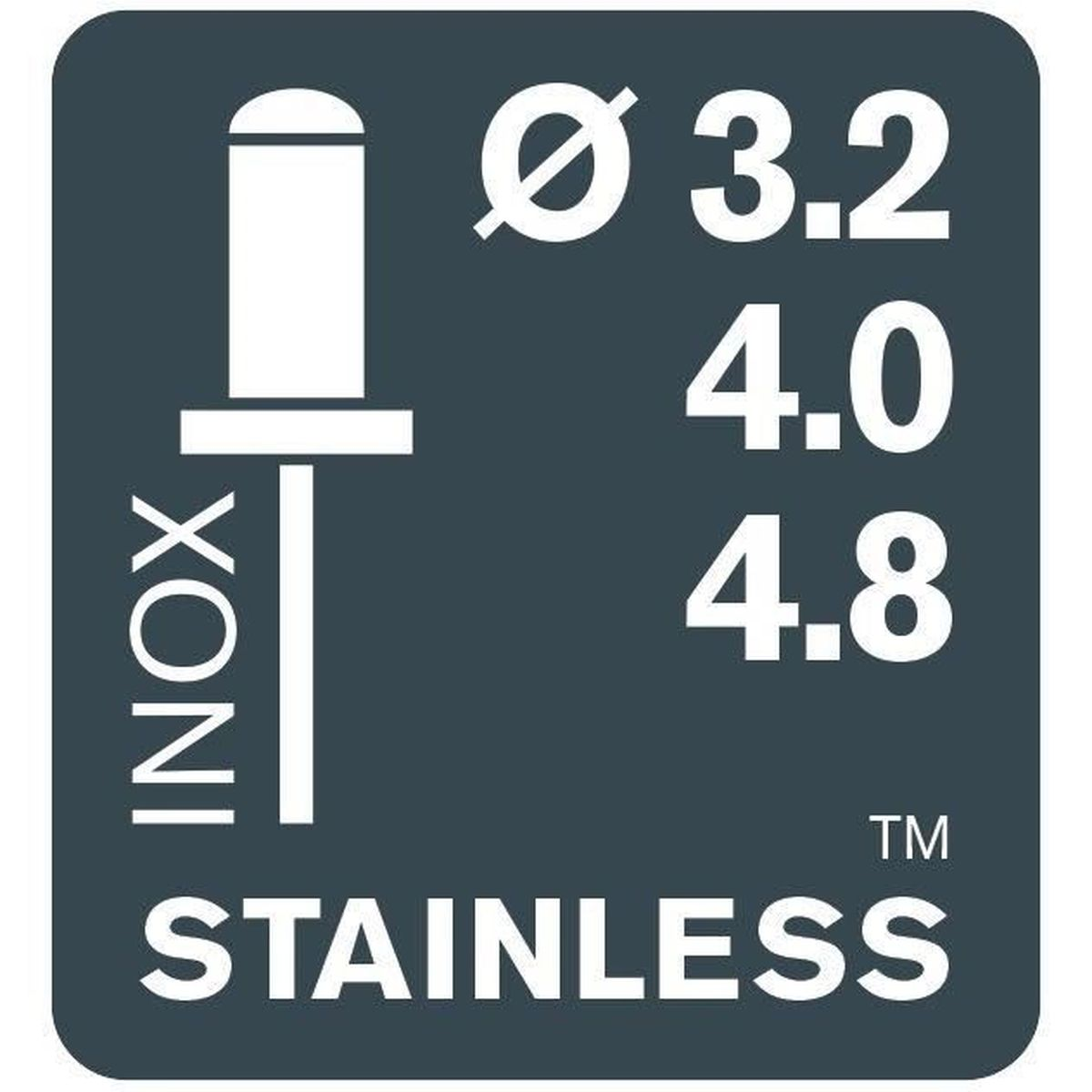Simbolo per rivetti in acciaio inox con diametri 3,2, 4,0, 4,8 mm.