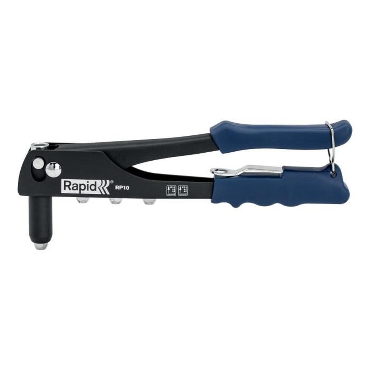 Una rivettatrice nera con manici blu e logo Rapid RP10.