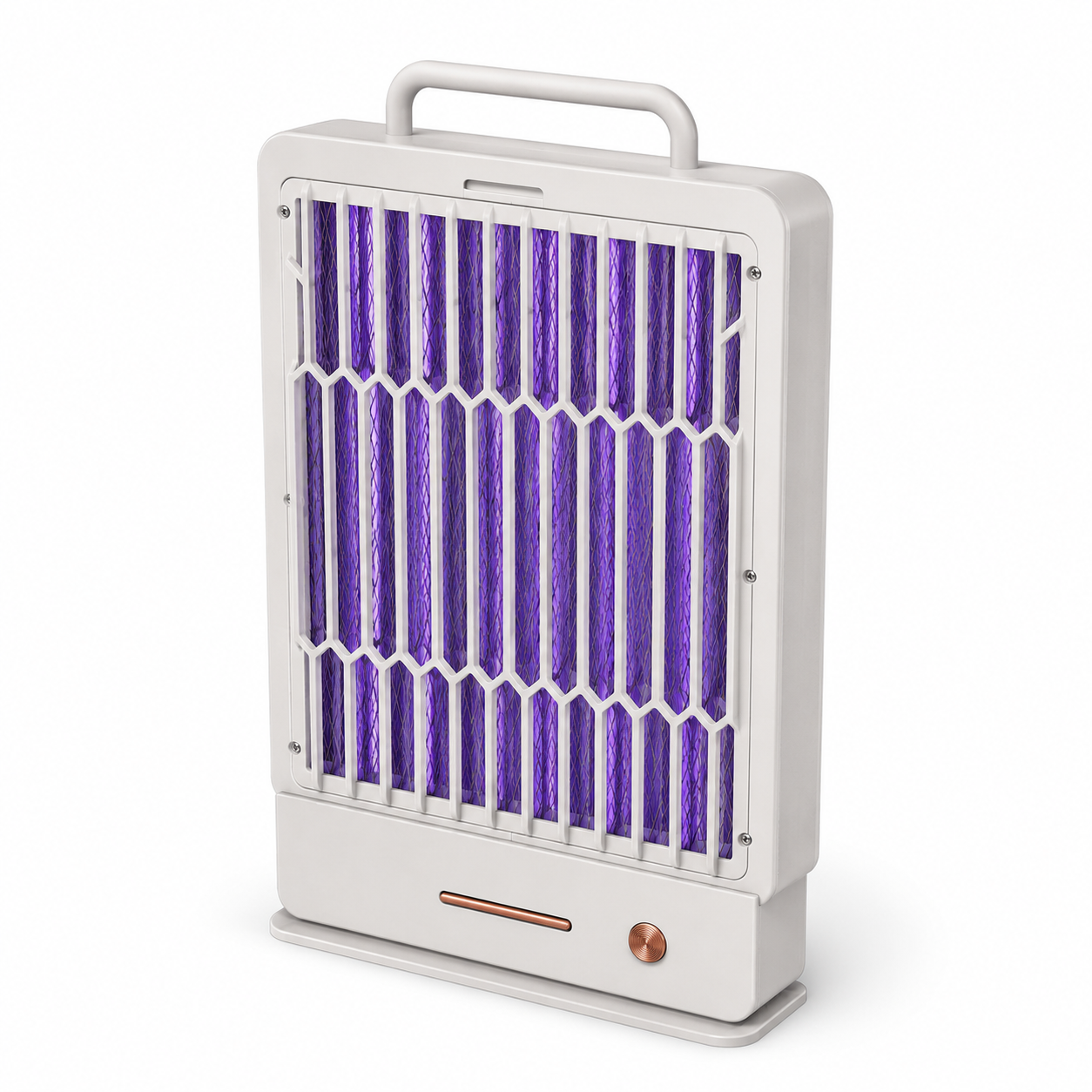 Un matainsectos rectangular blanco con asa, que presenta una rejilla de luz púrpura detrás de una pantalla blanca con patrón de panal.