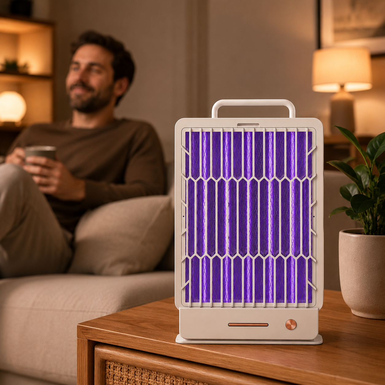 Un matamoscas eléctrico blanco con luz púrpura sobre una mesa de madera, con un hombre y una planta borrosos al fondo.