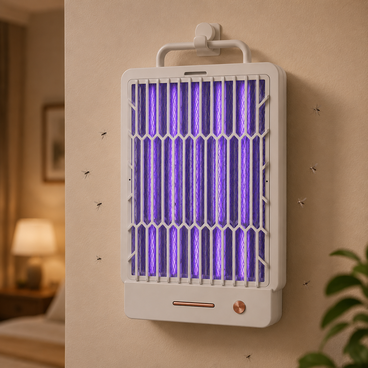 Un exterminador de mosquitos blanco con luz UV púrpura cuelga de una pared beige, rodeado de mosquitos.