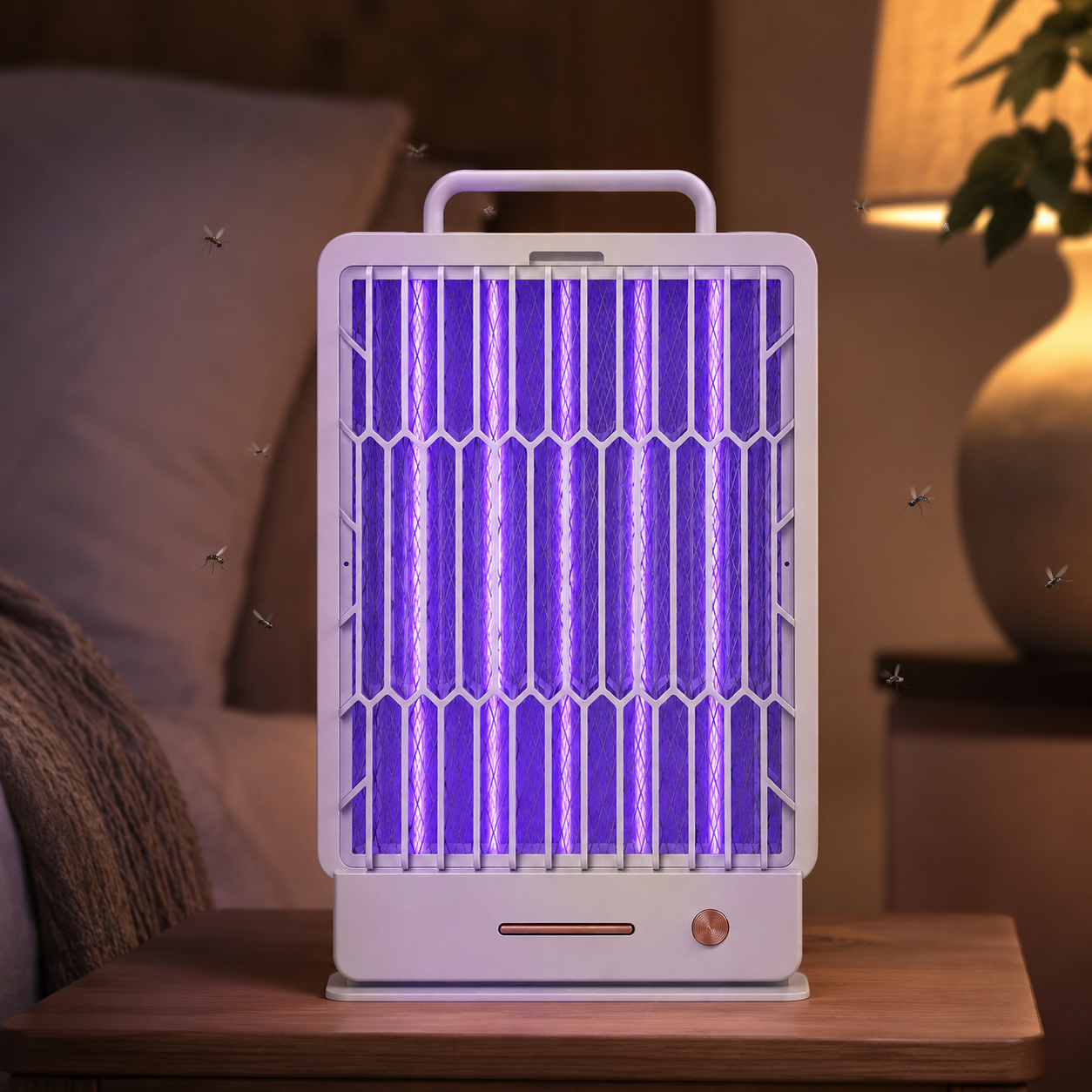 Una lámpara blanca antimosquitos con luz púrpura, rodeada de mosquitos, sobre una mesa de madera en una habitación tenue.