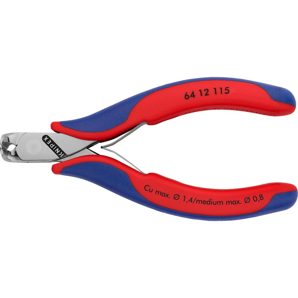 Una tronchese diagonale Knipex con manici rossi e blu è angolata su uno sfondo bianco, mostrando numeri di prodotto e specifiche.