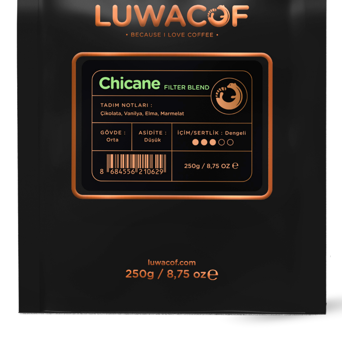 Siyah kahve ambalajı 'Chicane FILTER BLEND' detayları, tat notaları ve ağırlığı ile.