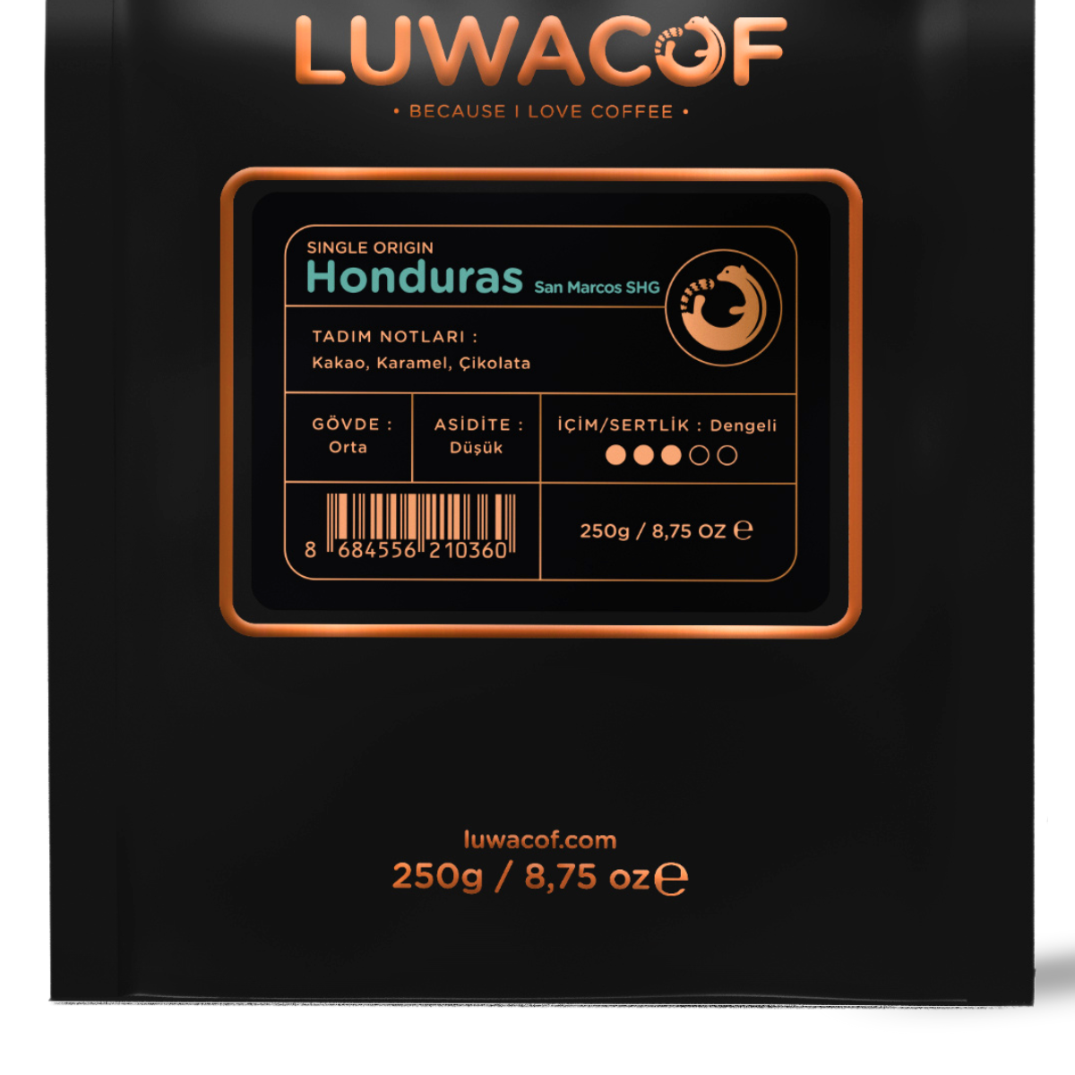 LUWACOF, Honduras, 250g yazılı kahve paketi.