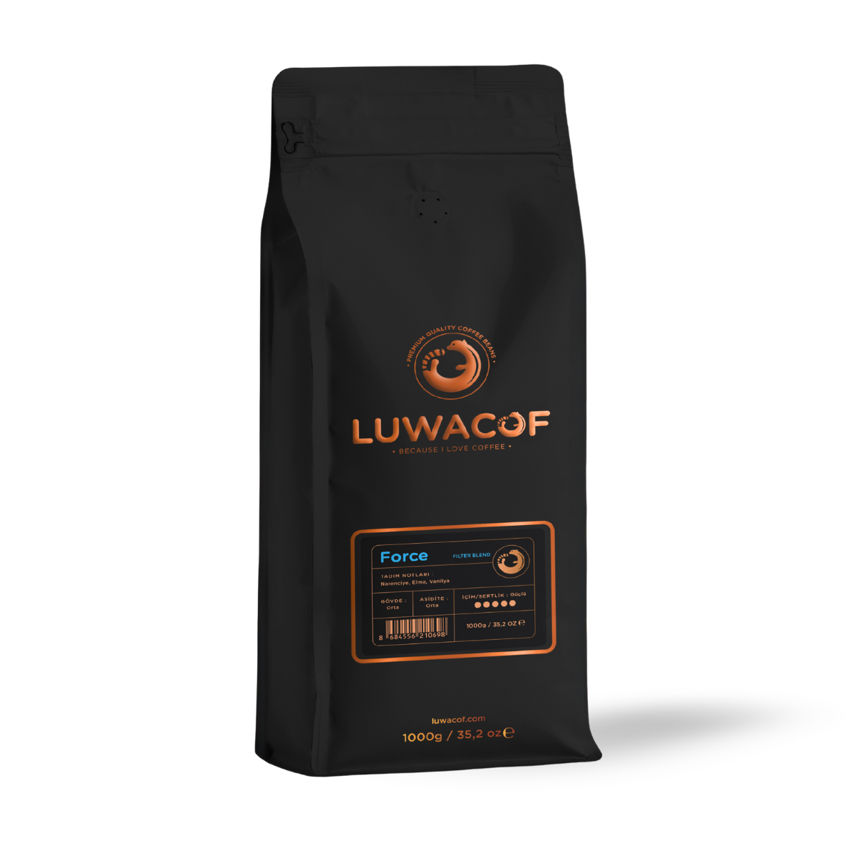 Turuncu logolu ve Luwacof, Force, 1000g yazılı siyah kahve poşeti.