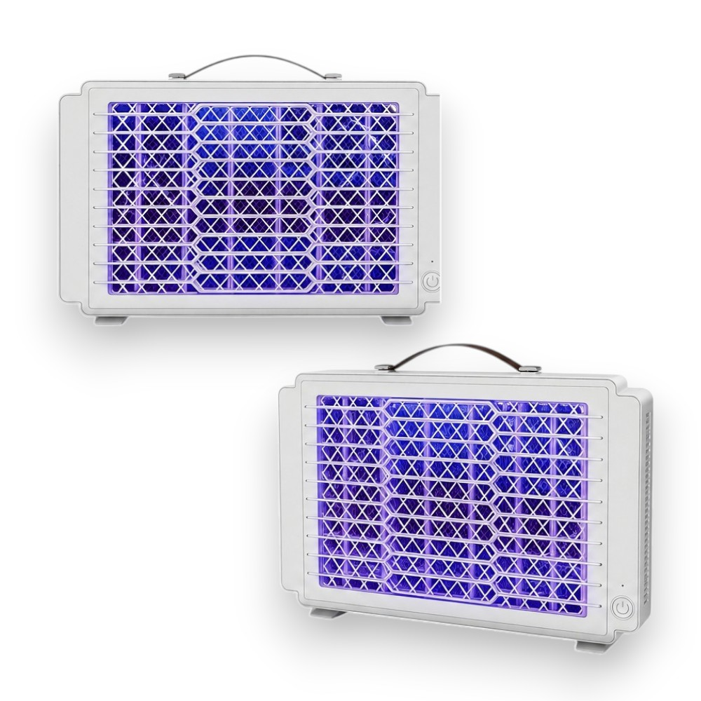 Dos mata insectos blancos con rejillas de luz UV azul, sobre fondo blanco.