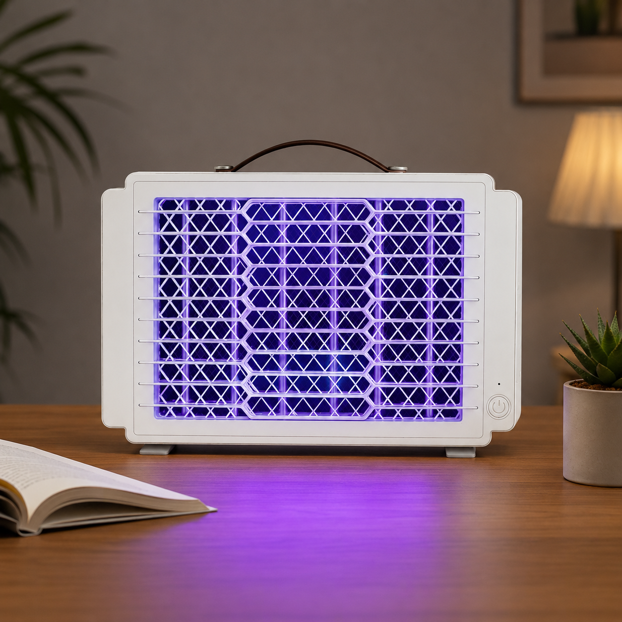 Un insecticida blanco con luz morada está sobre una mesa de madera.